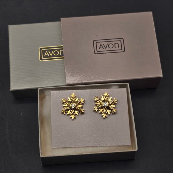 Avon 1988 Glistening Snowflake Earrings In Box Gold Tone Christmas Holiday - Picture 7 of 7